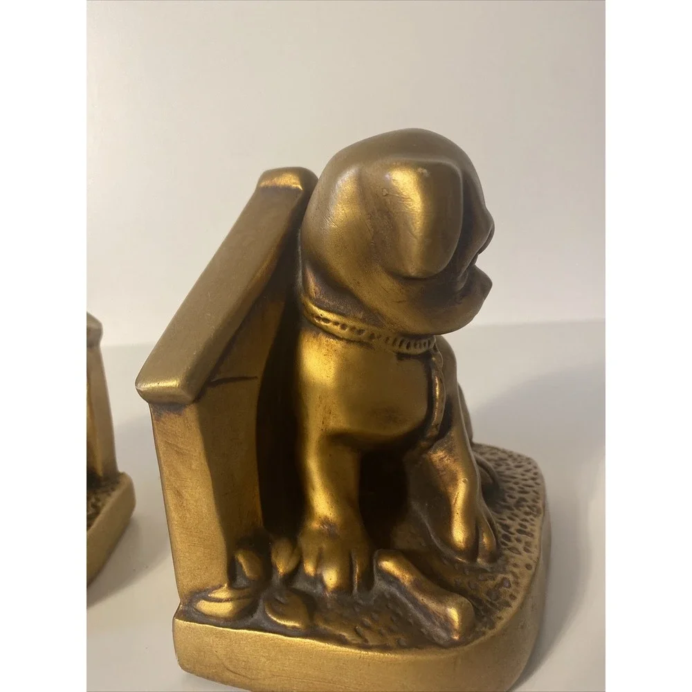 Gold Puppy Doghouse Bookends Vintage Chalkware Mid century